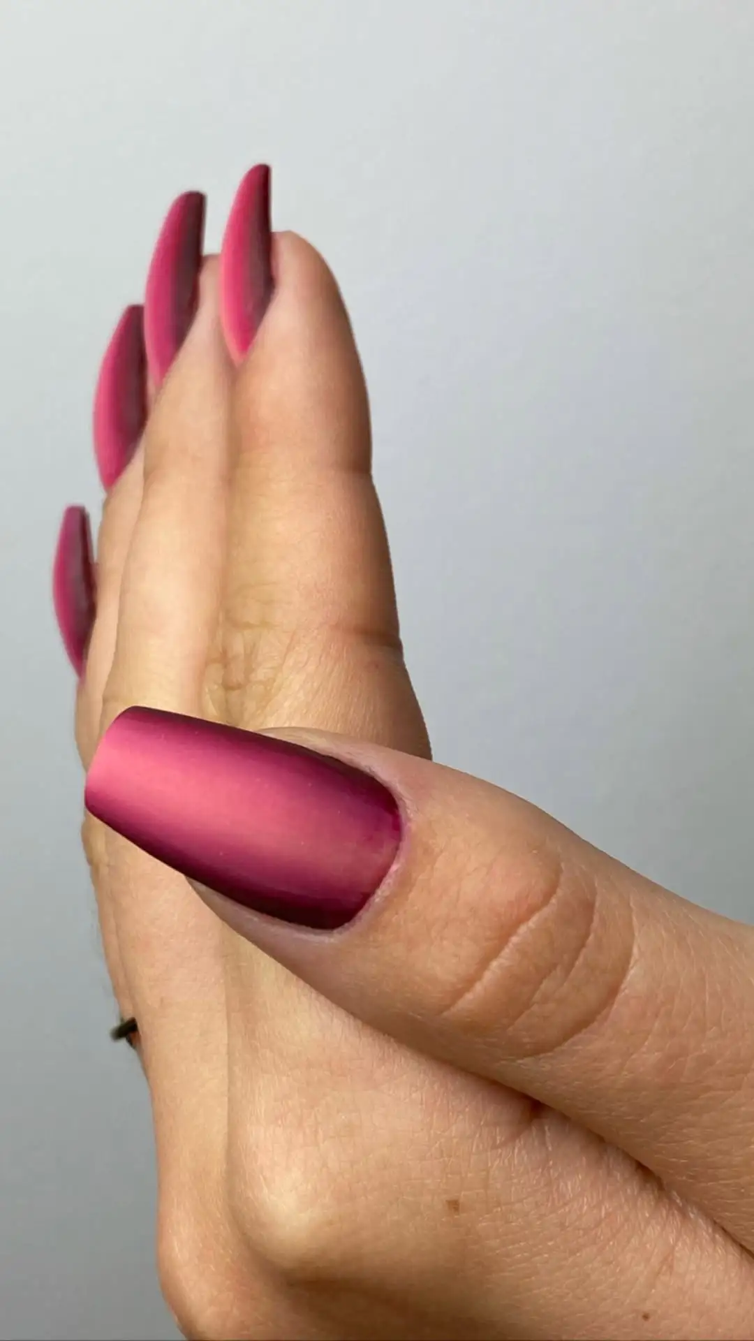 Matte hybrid manicure in deep pink on long almond-shaped nails – Nails by Korzeniowska, Ursynów, Warszawa